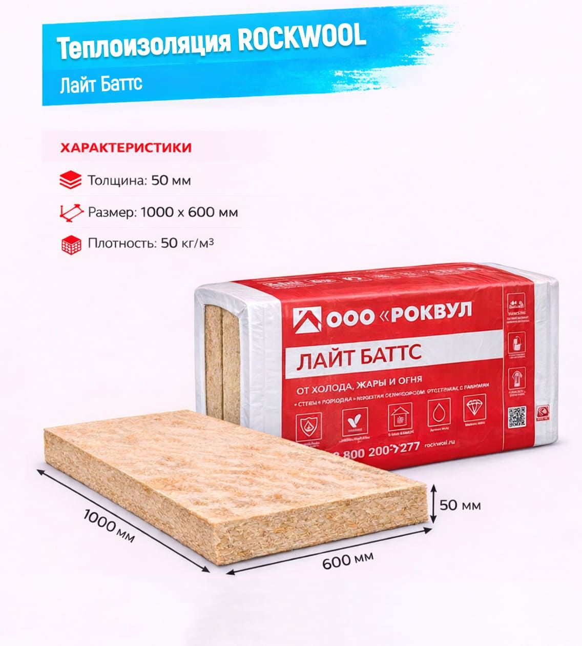 Утеплитель Rockwool Лайтс Баттс базальтовая плита 1000х600х50мм